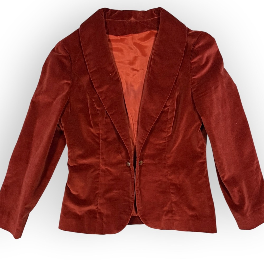 Vtg Rust Red Velvet Blazer Shawl Lapel Tailored Jacket Women Academia Old Money